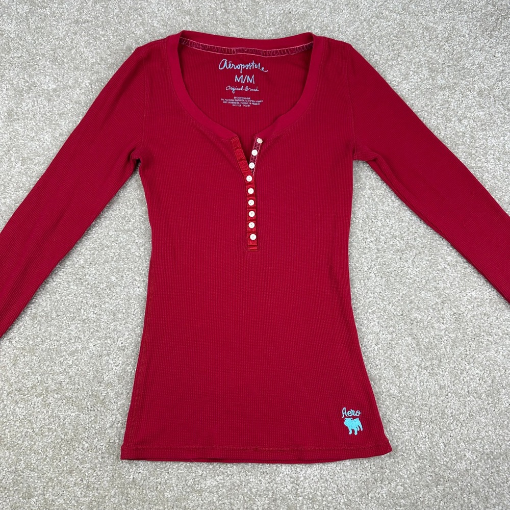 Aeropostale Henley Top Medium Red Waffle Knit Thermal Long Sleeve Y2K Indie Slim - Picture 2 of 8